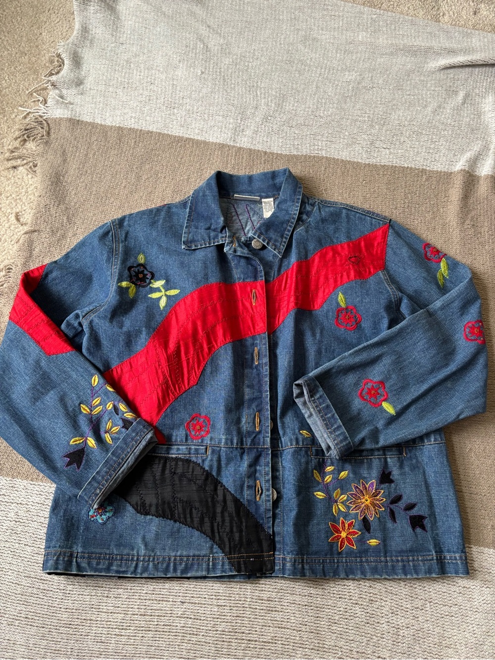 Chico's Silk Embroidered Blue Denim Jacket with Red & Black Wave Panels